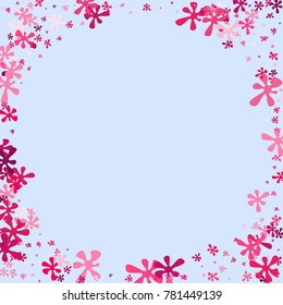 Pink Flowers of Different Sizes on a Blue Background. Abstraction with Flowers. Confetti. Spring. A Scattering of Confetti. Placer from the Pink Flowers. Banner, Textile, Card. Vector Illustration.