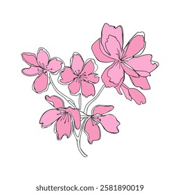 Pink Flowers doodle, stylized contour abstract drawing, summer vibe, outline sketch, isolated on white background.