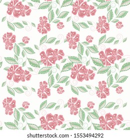 Pink flowers endless pattern, green leaves on light grey. Beautiful art design element stock vector illustration for web, for fabric print, for wallpaper