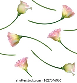 Pink flowers. Floral background. Seamless pattern. Eustoma. Green. Vector illustration.