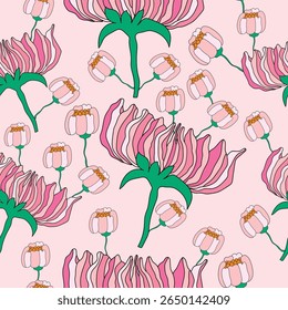 fleurs roses avec bourgeons floraux sur fond rose clair, motif harmonieux. grandes fleurs de couleur rose avec des bourgeons sur fond rose orange clair motif harmonieux. Bon pour le tissu, le textile, la tuile.