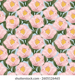 Pink flowers, floral seamless pattern on a light blue background, flowers and leaves wallpaper with hand drawn for banners, cards, flyers, social media wallpapers, etc. vector illustration