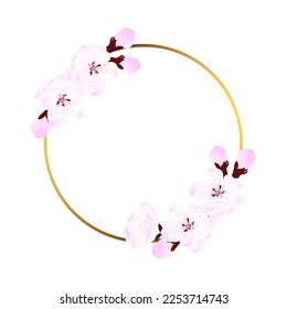 Pink flowers frame, cherry blossom, sakura on gold rings. Invitations card, Save the date, celebrate background. Vector isolated painting art