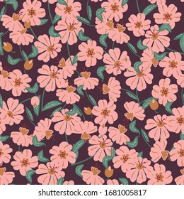 Flores rosas jardín sin fisuras vectorial en un fondo oscuro. Diseño de la impresión de la cara dura femenina decorativa. Excelente para tejidos, papelería y embalajes.