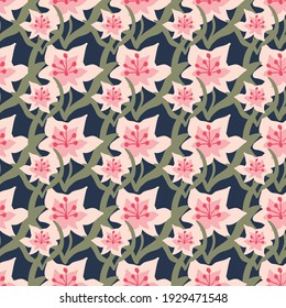 Pink flowers garden seamless vector pattern. Botanical surface print design for fabrics, stationery, scrapbook paper, gift wrap, textiles, background, home decor, and packaging.