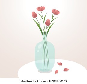 Pink flowers in a glass vase. Peonies on vase. Tulips on vase. Vector illustration. Fallen petals on table. Romantic illustration. Soft light. Minimalistic illustration. fresh air. abstract flowers.