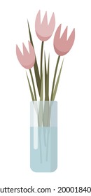 Pink flowers in a glass vase. Tulips in vase with water. Minimalistic illustration with abstract flowers. Vector illustration on white background