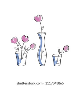 Pink flowers in glass vases. Vector.