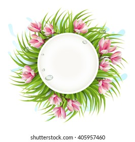 pink flowers, grass. Dew on the grass. vector flower