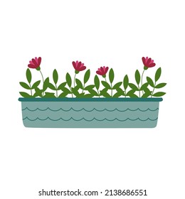 Flores rosas y ramas verdes en maceta azul. Hogar en forma de doodle. Ilustración vectorial aislada. 