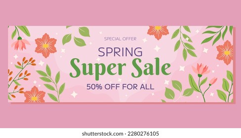 Pink flowers, green leaves berries framing, soft background. Spring Super Sale horizontal banner, seasonal promotion, discount. Warm, inviting atmosphere, evoking beauty, freshness of spring.