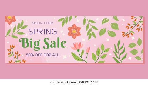 Pink flowers, green leaves berries framing, soft background. Spring Big Sale horizontal banner, seasonal promotion, discount. Warm, inviting atmosphere, evoking beauty, freshness of spring.