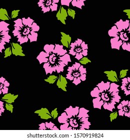 Pink flowers with green leaves black background seamless pattern