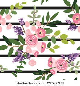 Pink flowers and green leaves bouquets on the striped background. Vector seamless pattern. Rose, lilac, greenery. Cottage garden. Summer design.