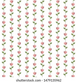 Pink flowers with green leaves cute vector pattern on the white background
