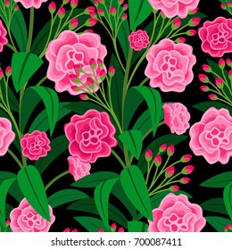 Pink flowers with green leaves floral pattern. Vector illustration