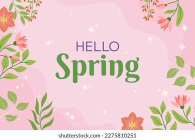 Pink flowers and green leaves framing rectangular space, soft background. Playful script text Hello Spring seasonal design and promotion. Evoking feeling of renewal and fresh starts that spring brings