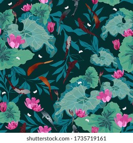 Pink flowers and green leaves of lotuses, koi carps in night, dark blue color water. Seamless hand-drawn vector illustration with a pond. Square repeating design for fabric and wallpaper.