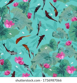 Pink flowers and green leaves of lotuses, koi carps in light green blue, turquoise color water. Seamless hand-drawn vector illustration with a pond. Square repeating design for fabric and wallpaper.