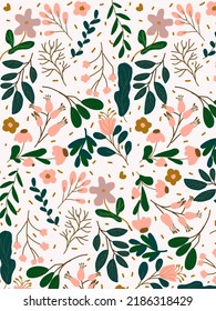 Pink flowers and green leaves on white background illustrations vector for phone case, fabric print, wallpaper, social media post, covers, wall decor, card, background, templates. Pillow case design.