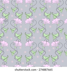Pink flowers with green leaves on a gray background. Pattern. Vector illustration 