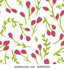 Pink flowers and green leaves. Seamless vector pattern 