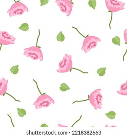 Pink flowers and green leaves set in seamless pattern. Vector illustrations of repeat floral motif. Cartoon peony blossom with petals on stem isolated on white. Botany, nature, fashion concept