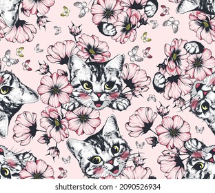 Pink flowers with happy kitten face seamless pattern. Hand drawn pen illustration.