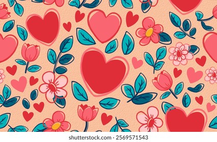 Pink Flowers Heart seamless vector hand-drawn pattern for Valentine's Day. Features delicate hearts with a textured background, perfect for cards, fabrics and more. Fully scalable and customizable.