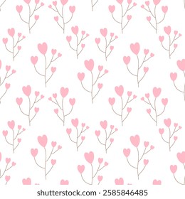 Pink flowers, pink hearts on white background, fabric patterns, gift wrapping paper, mobile phone cases, notebook cover , seamless pattern 