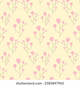 Pink flowers, pink hearts on yellow background, fabric patterns, gift wrapping paper, mobile phone cases, notebook cover , seamless pattern 