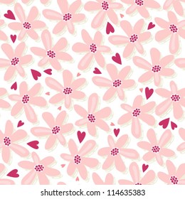 pink flowers with hearts seamless pattern