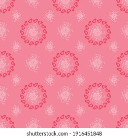 Pink flowers and hearts seamless vector pattern. Surface print design for fabrics, stationery, scrapbook paper, gift wrap, home decor, wallpaper, textiles, backgrounds, and packaging.