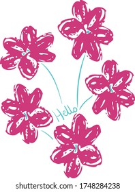 Pink flowers and hello handwriten text vector illustration. Simple surface print design. Placement print for cards, fabrics, stationery, blogs and packaging.