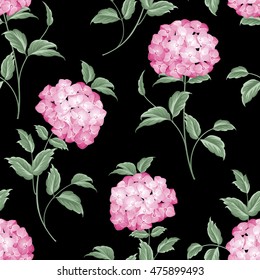 Pink flowers of hydrangea on black background. Mop head hydrangea flower fabric pattern. Vector illustration.