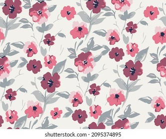 Pink flowers and leaves elements on white background. Autumn floral pattern.