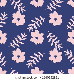 Pink Flowers and Leaves on Blue Background . 