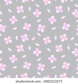 Pink flowers and leaves on gray seamless pattern vector illustration