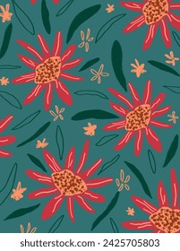 Pink flowers and leaves on green background for branding package, fabric print, wallpaper, social media post, doodle, notes, book covers, wall decor.