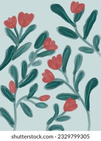 Pink flowers with leaves on reen background, watercolors, aesthetic for art print, wallpaper, background, wall decor