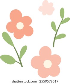 Pink flowers and leaves on transparent background