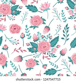 Pink flowers and leaves on a white background. Seamless vector pattern