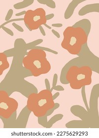 rosafarbene Blumen, Blätter Muster auf rosafarbenem Hintergrund, Vektorgrafik, ästhetisch für Tapeten, Tapeten, Vorlagenüberzüge, Kunstdrucke