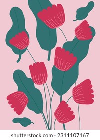 Pink flowers and leaves pattern on pink background, illustrations vector, aesthetic for wallpaper, wall decor, templates covers, art prints. Aesthetic