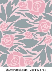 Pink flowers and leaves pattern on pink background, illustrations, vector aesthetic for wallpaper, wall decor, templates covers, art prints