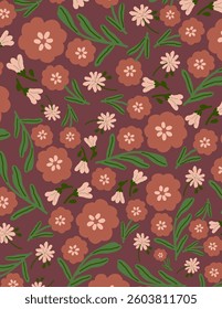 Pink flowers and leaves pattern on purple background, illustrations vector, aesthetic for wallpaper, wall decor, templates covers, art prints. Aesthetic
