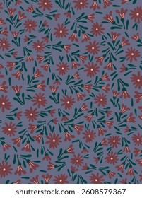 Pink flowers and leaves pattern, on purple background vector illustrations on white background, aesthetic for wallpaper, wall decor, templates covers, art prints