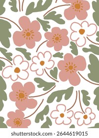 Pink flowers and leaves pattern on white background, illustrations vector, aesthetic for wallpaper, wall decor, templates covers, art prints. Aesthetic