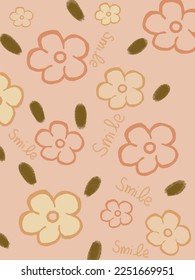 Pink flowers and leaves patterns illustrations, vector with smile lettering for wall decor, template, print art, artwork etc
