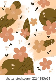 Pink flowers and leaves patterns on white orange background illustrations, vector aesthetic for wallpaper, wall decor, templates covers, art prints